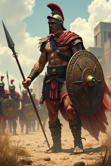 Spartan warrior with large shield and spear in his hand tattooed body and athletic stage Spartan combat field fighting black-skinned men 