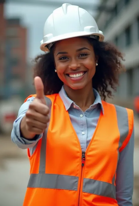 Create a highly ultra realistic image showing a black african female engineer at a construction site wearing a white hard hat and a orange safety vest with reflective stripes. her face is revealing a confident smile, and his right arm is stretched gesturin...