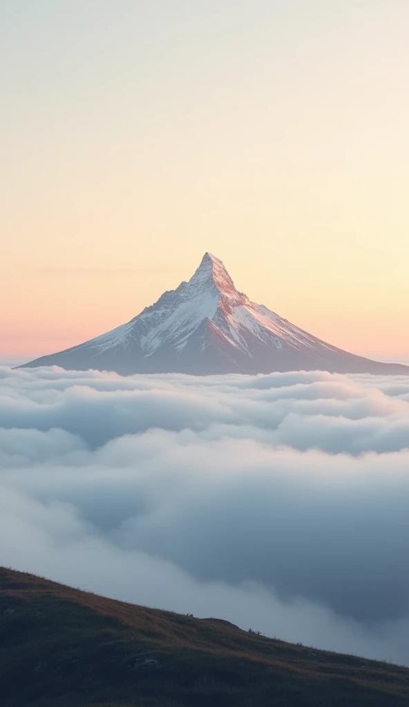 ((high quality)), ((masterpiece)), ((highly detailed)), A lone mountain peak rising above a sea of soft, white clouds under a pastel-toned morning sky. The air is crisp and clear, with the mountains sharp edges and snowy cap illuminated by the warm, golden...