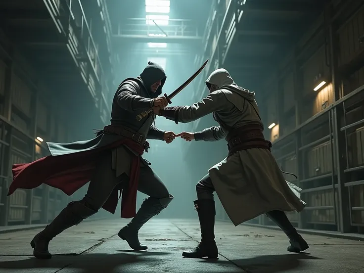 Assassins Creed+Aguilar strikes Templar in the head+Set in Abstergo Holding Area