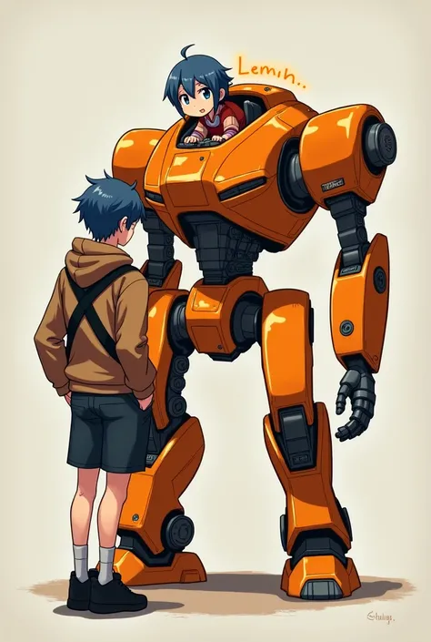  A man stands wearing a brown hoodie with black straps ,  Shorts ,  shoes in black color . Hoodie has large front pockets ,  and the man puts his hand into his pants pocket and A character with short blue hair drives a large orange robot and a design that ...