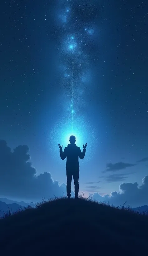 A silhouette of a person standing on a hill, gazing at a starry night sky filled with glowing stars. Their hands are lifted in prayer, with soft, radiant light surrounding them. The sky represents the vastness of the universe and the hope for peace and div...