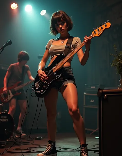 Full body shot of a defiant young woman with dark brown hair cut into a bob with messy bangs. She is short. She is aggressively playing guitar on-stage at a punk club. She is wearing a cutoff t-shirt, black denim cutoff short-shorts, and black Converse All...