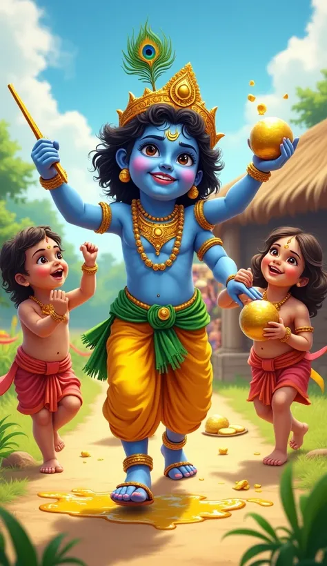 A vibrant illustration of  Krishna with big expressive eyes and a mischievous smile, leading a group of playful ren as they steal butter together. Krishna is adorned with gold jewelry, a crown with peacock feathers, a green sash, and a yellow dhoti, while ...