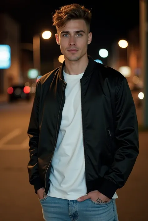 Tall and attractive man 25 years old green eyes athletic symmetrical face flirty smile wearing light blue denim pants and a black jacket, He wears a white t-shirt under his jacket . He has tattoos on his hands  . . He looks tall and athletic  . On some str...