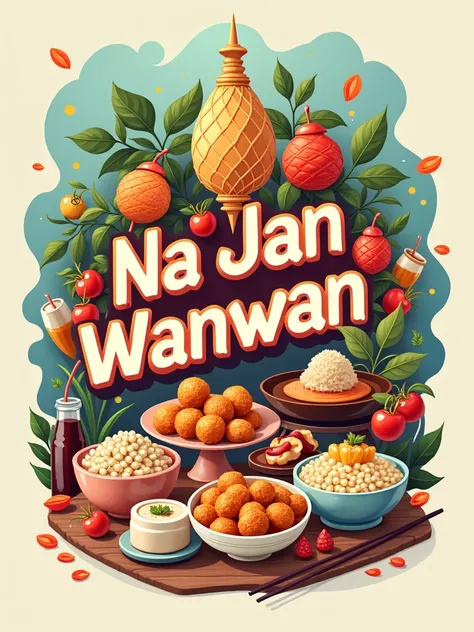 Logo Food Event Name "Na Jan Wanwan " , Food, Drink, ขนมพื้นบ้าน , color Pastel, Blue, Orange, Green, Brown ,  high resolution  , style Billboard , Full Space  , มีรูปอาหารเต็มพื้นหลัง ,Artistic, 