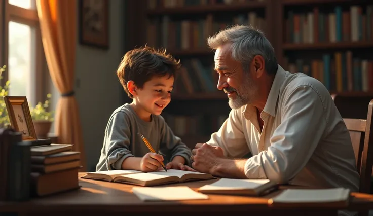 A father teaching his son. Books are available on StudyTable
