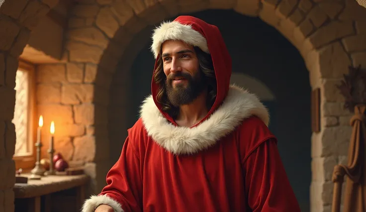 Happy and smiling Jesus Christ dressed as Santa Claus with a red tunic with white fur details and a red hood on his head with white details, an Israelite house made of stones and wood, lights from oil lamps.