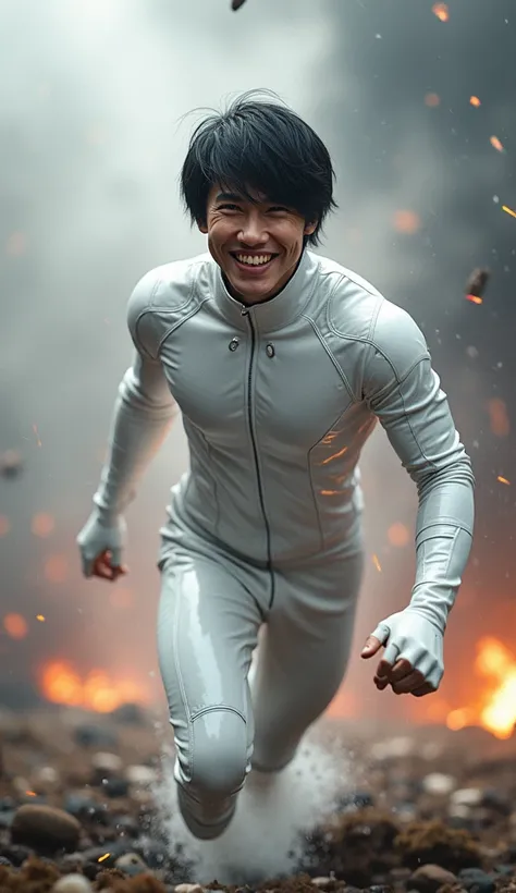 A 33-year-old man with short, straight black hair and a cheerful, charismatic smile hovers in the air, as if about to land on the battlefield, wearing a glossy white costume. The design exudes strength and elegance, with the sleek, shining white contrastin...