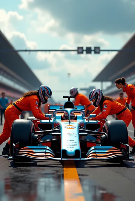 women in pit stop action with gulf race car