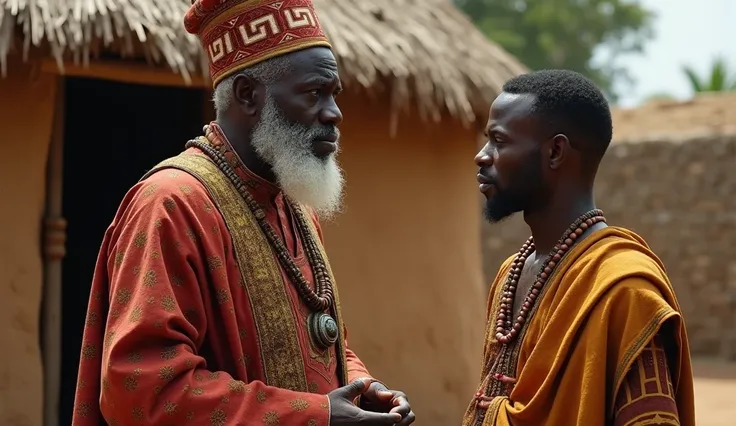 An Igbo chief priest talking to an Igbo man in front of a hut