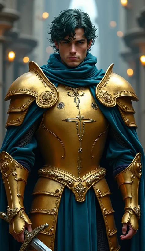 A handsome knight with dark greenish hair and a stern expression, wearing magnificent golden armor with intricate ornate details. The armor is paired with elegant dark blue clothing, including a long cape and light blue cloth accents around the neck. The b...