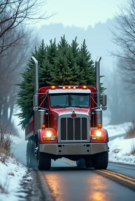 the truck carries Christmas trees