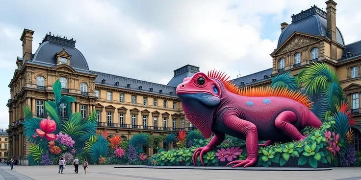 The Louvre Palace is completely painted with bright colorful graffiti drawings of tropical nature There is a huge pink and green iguana 