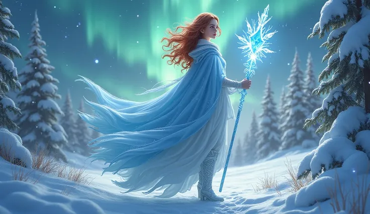 Beneath the shimmering northern lights on a snow-covered hill, the winter spirit stands, embodying the essence of icy elegance and magical power. Her auburn, wavy hair falls lightly over her shoulders, contrasting beautifully with her ice-blue cape that fl...