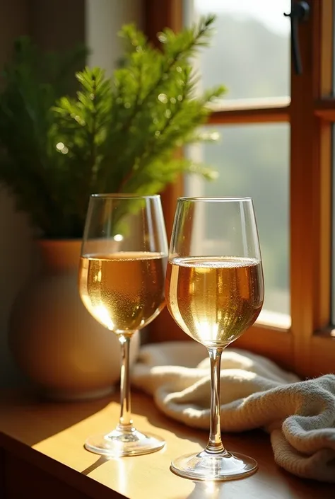 "A cozy still-life scene featuring two wine glasses filled with golden wine, bathed in warm sunlight streaming through a nearby window. The glasses are placed on a wooden surface, and behind them is a simple ceramic vase holding vibrant green pine branches...