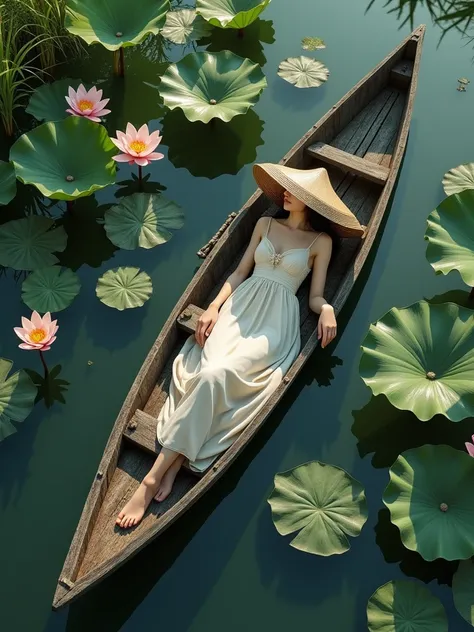 an old wooden boat on a swamp covered with lotus flowers and leaves. Calm water. Pleasant natural light. Top view. Hyper realistic. A woman with a fancy sheer dress lying on the boat in peace and a wicker huge hat covered her head