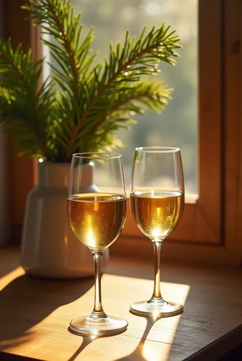 "A cozy still-life scene featuring two wine glasses filled with golden wine, bathed in warm sunlight streaming through a nearby window. The glasses are placed on a wooden surface, and behind them is a simple ceramic vase holding vibrant green pine branches...