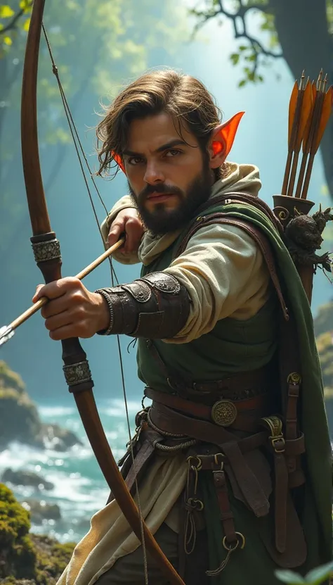 Create an epic scene featuring a Halfling, dwarf like, 1m tall, full body picture, with brow wavy hair, very short beard, with in his hands a bow with an arrow in it, in light leather armor, a short sword on the belt, a small amulet hanging on the neck wit...