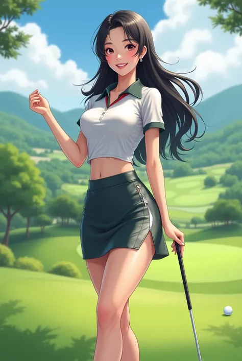  enjoy golf in golf wear、 asian beauty with long black hair　Im talking to you with a smile 。　 golf wear and miniskirt 。8K support