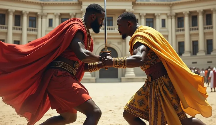 The Igbo young man fighting the Igbo king, with swords in front of his local igbo palace