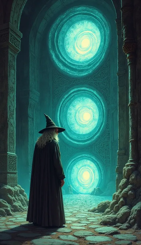  Dark fantasy book cover from the 1970s Dungeons and Dragons style paper drawing of a wizard looking at 3 interdimensional portals, inside a catacomb in the style of Zdzisław Beksiński and Darrell K . Sweet