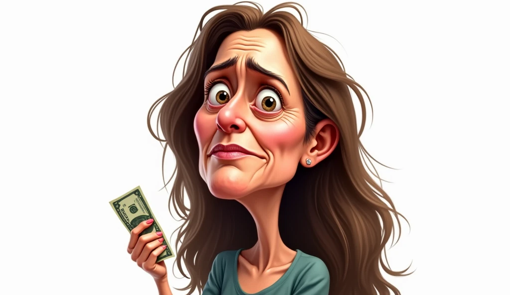 create a funny caricature of a 40-year-old woman, long brown hair, very sad, with a dollar in her hand, representing the fact that she has no money. white background