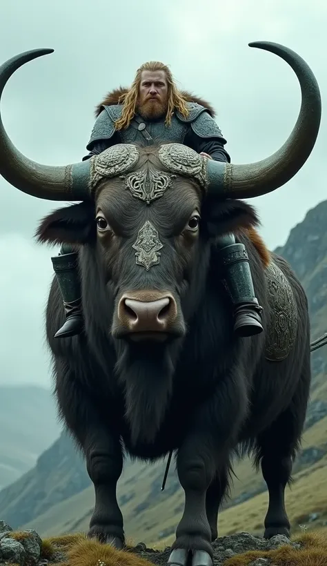 "A Viking warrior with long blonde hair and a beard sits atop a titanically oversized Highland bull, so massive it dwarfs the surrounding rugged landscape. The bulls gigantic horns curve majestically, and its armored body is covered with intricate Celtic e...