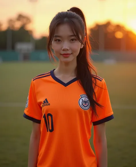 , an Asian woman , มี of glowing Potchland skin, Intentionally looking straight at the viewer ,  glazed tile skin ,  Strong abdominal muscles ,  glowing skin  , Beautiful eyes ,  has a chest size of 38 inches  ,  IN A BRIGHT DARK ORANGE NATIONAL FOOTBALL T...