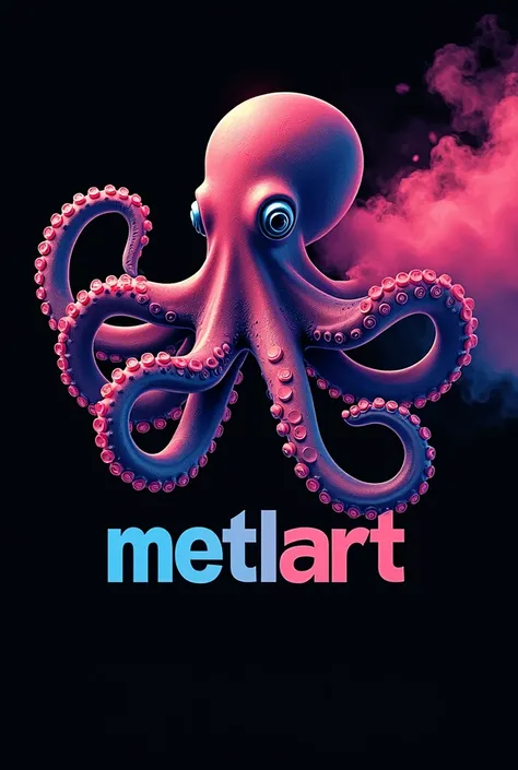  create an image with bright and striking colors and a black background.  Its for an electrostatic painting company .  with an octopus gun in the center , and the name (metalart ) clearly highlighted in .  please a smoky paint coming out of the gun . 