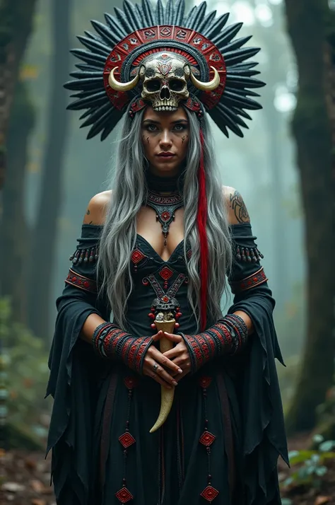 “Create the image of a mystical shaman standing in a moody, atmospheric forest. She has long, flowing silver hair with red streaks, adding a striking contrast. Her face is adorned with tribal makeup, highlighting her fierce, captivating eyes. a large, orna...