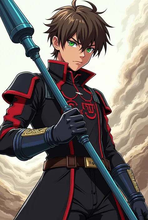 Cyno was a 15-year-old boy with straight short brown hair and green eyes . He had worn a black uniform with red accents. He also carried a blue spear . Manga Style 