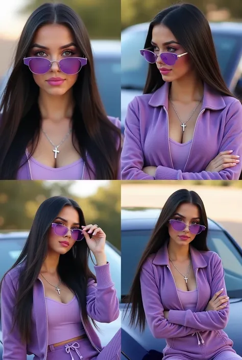 "Create a collage of four images featuring the same young woman with fair skin, long, sleek dark hair, and glowing complexion. She is styled in a wearing a purple velour tracksuit. Her outfit includes a matching lavender top underneath, accessorized with a...