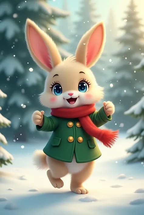 "A cute and fluffy anthropomorphic bunny with big blue eyes, wearing a green coat with golden buttons and a red scarf, dancing joyfully in a snowy forest setting. The bunny is mid-twirl with one foot lifted, surrounded by soft snowflakes and glowing winter...