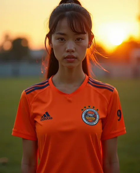 , an Asian woman , มี of glowing Potchland skin, Intentionally looking straight at the viewer ,  glazed tile skin ,  Strong abdominal muscles ,  glowing skin  , Beautiful eyes ,  has a chest size of 38 inches  ,  IN A BRIGHT DARK ORANGE NATIONAL FOOTBALL T...