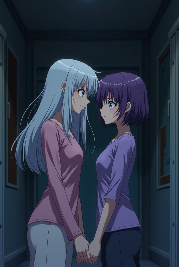 Anime style: a young feminine woman with pink blouse and white hair,  next to another young woman with a purple blouse and short curly hair, in a room with a dark and terrifying atmosphere ."
