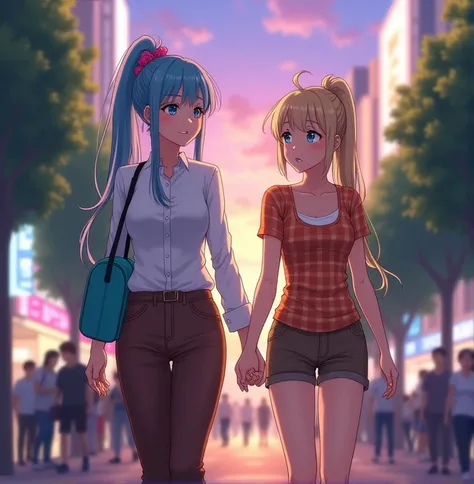 Two 17-year-old anime-style , To Love Ru,  walking through the central square with surrounding trees in the city of Shibuya in Tokyo ,  with some people around during the afternoon with a purple and orange sky , The first lady measures 1 . 70 cm tall and h...