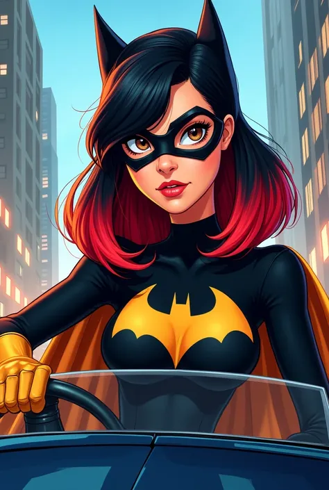 Batgirl in the form of a cartoon with black hair at the root and red at the tips,  with brown eyes ,  driving a car 