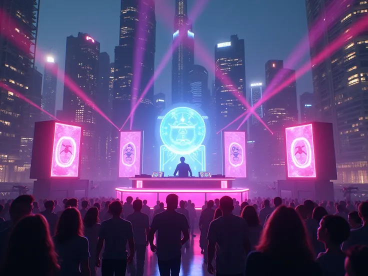 Design an HD, 4K, 8K ultra-realistic rooftop rave in a futuristic cyberpunk city. The DJ performs on a glowing platform surrounded by holographic visuals, pulsating neon signs, and high-tech speakers. The crowd moves energetically amidst beams of vibrant l...