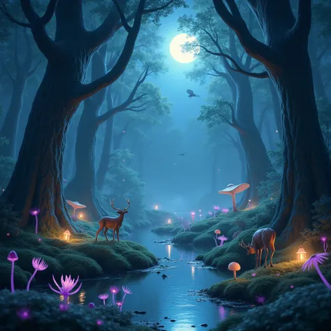 A forest from a fantasy world in the moonlight
