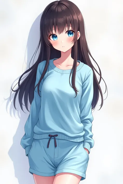  you can make an 18-year-old girl ,  white skin ,  dark brown hair and waist-length,  sky blue eyes, light blue sweater and light blue sports shorts, anime style  