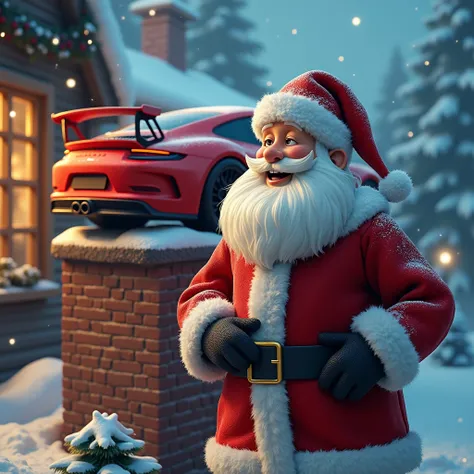 A Santa Claus with a Porsche GT3 RR on the roof next to a chimney
