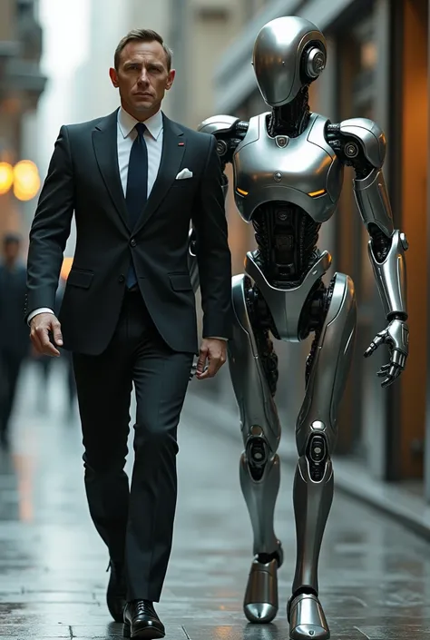 James bond walks with robot