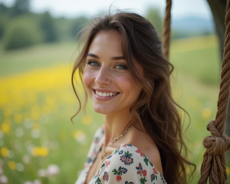 a blue eyed woman, brown hair up to the waist , seeds, loose, In flowing dress ,  sitting with my back to the observer on a swing,  with a close up capturing the harmonious beauty between her smile and the background with a flowery valley, showing her natu...