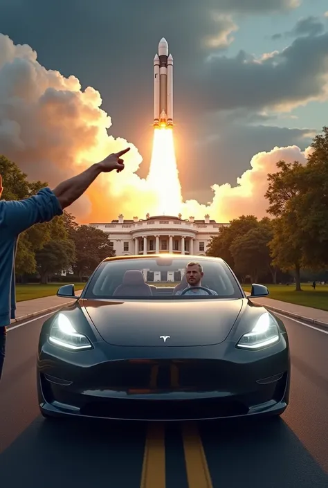 Make me a meme of a man driving a tesla car to the white house and a man pointing his hand at the sky along with a SpaceX rocket