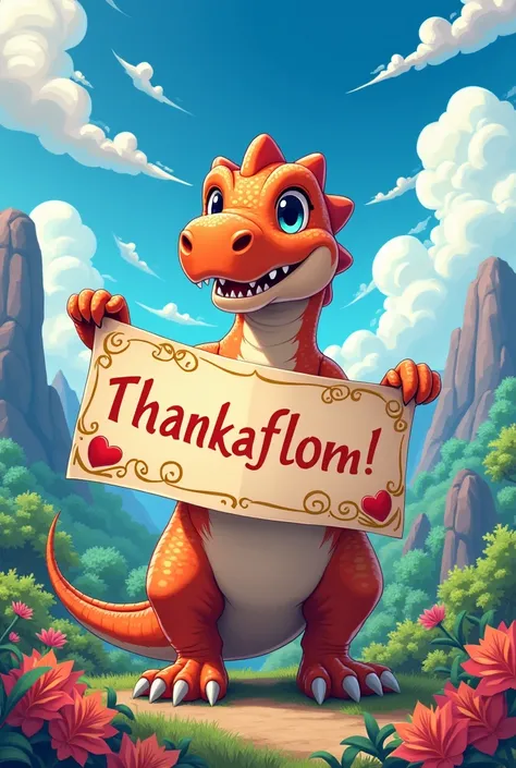 Dinosaur with a banner with the sign “Wir sagen Dankeschön 2 Jahre die Mampo” in anime style