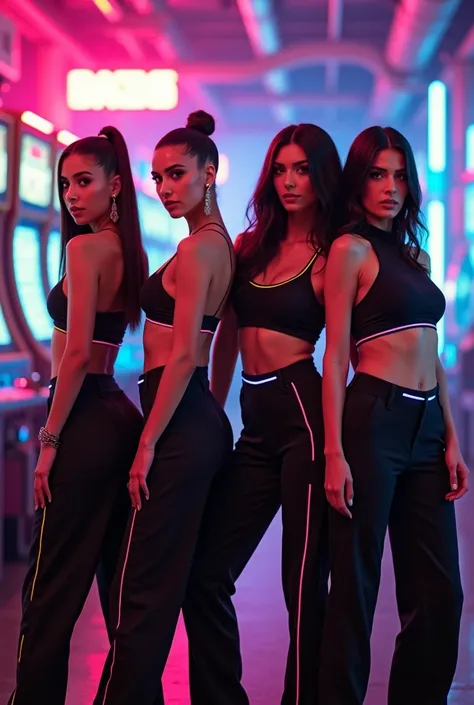 [Theme:  cyberpunk Kardashian Sisters in Futuristic Fashion ] A high-resolution, cinematic Instagram image featuring all the Kardashian sisters in a stylish,  yet discreet cyberpunk look .  The sisters pose confidently in a neon-lit ,  futuristic environme...