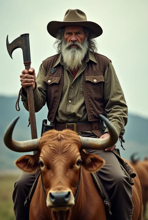 man ,White ,Lonja beard  ,  with cattle hat  ,  on top of an ox with a scream in his hand 