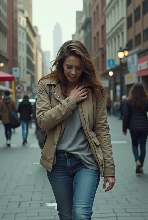 A woman walking in the street and in superposition a woman closing in on herself in pain