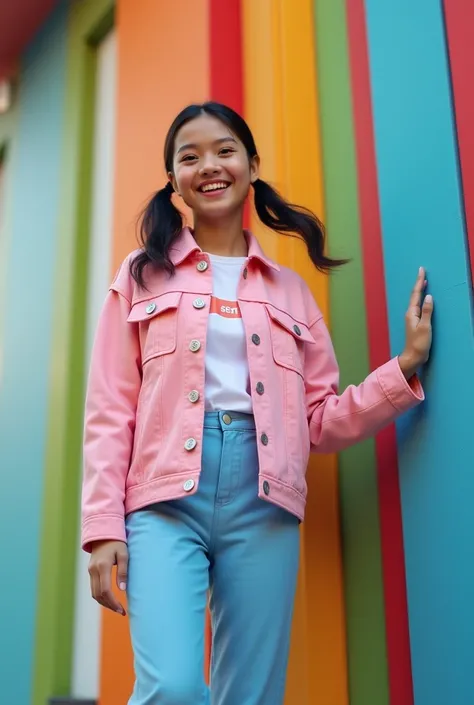  Make a young Indonesian woman , wear a light pink jacket,  written  " Send  " hair in pigtails , blue pants, white shoes,  standing next to a colorful wall